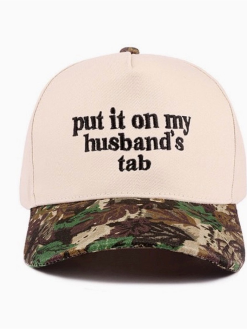Cream and Camo Trucker Hat with Script Embroidery